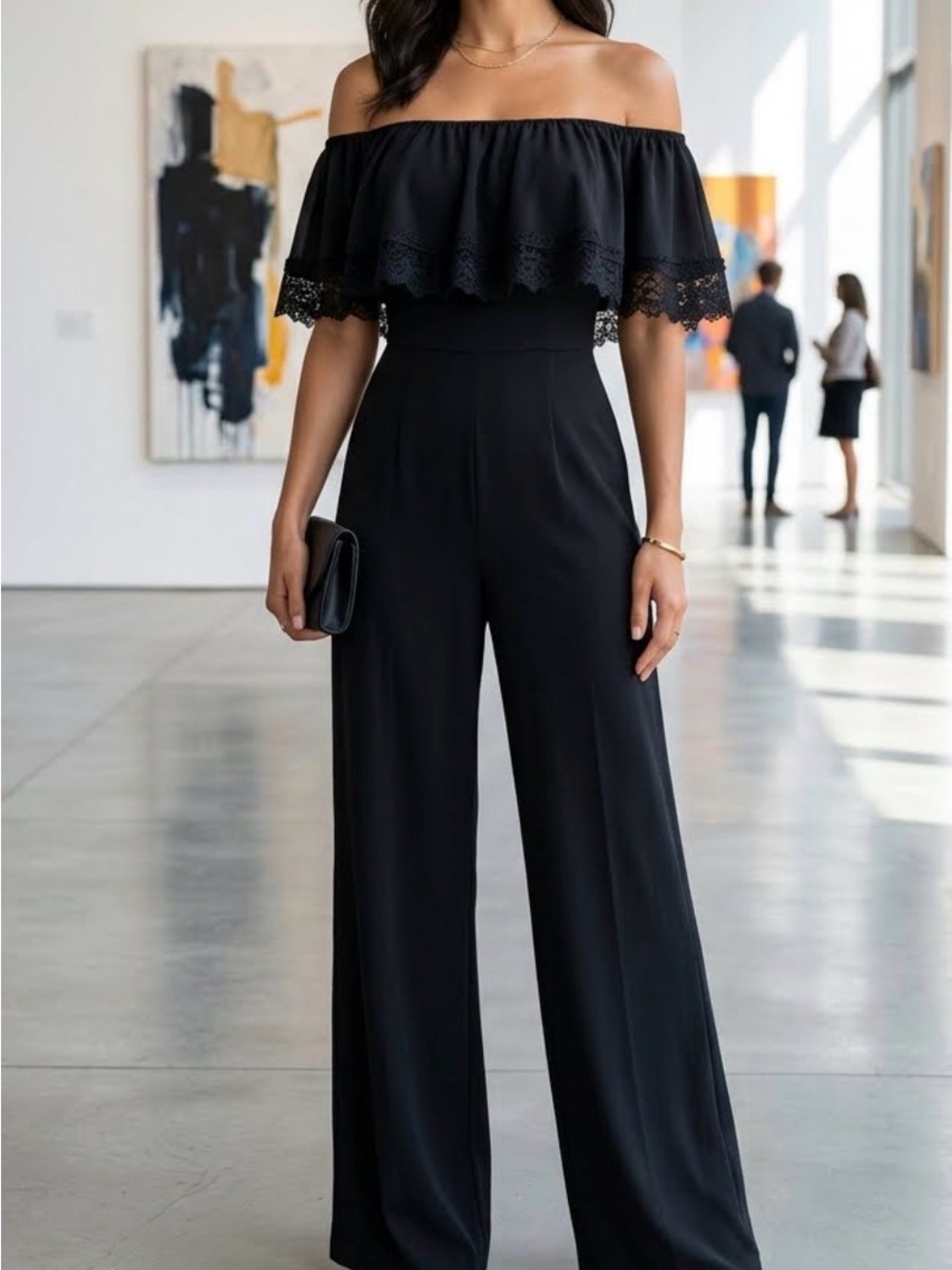Off-Shoulder Black Wide-Leg Jumpsuit BCX Wide Leg  Size 7